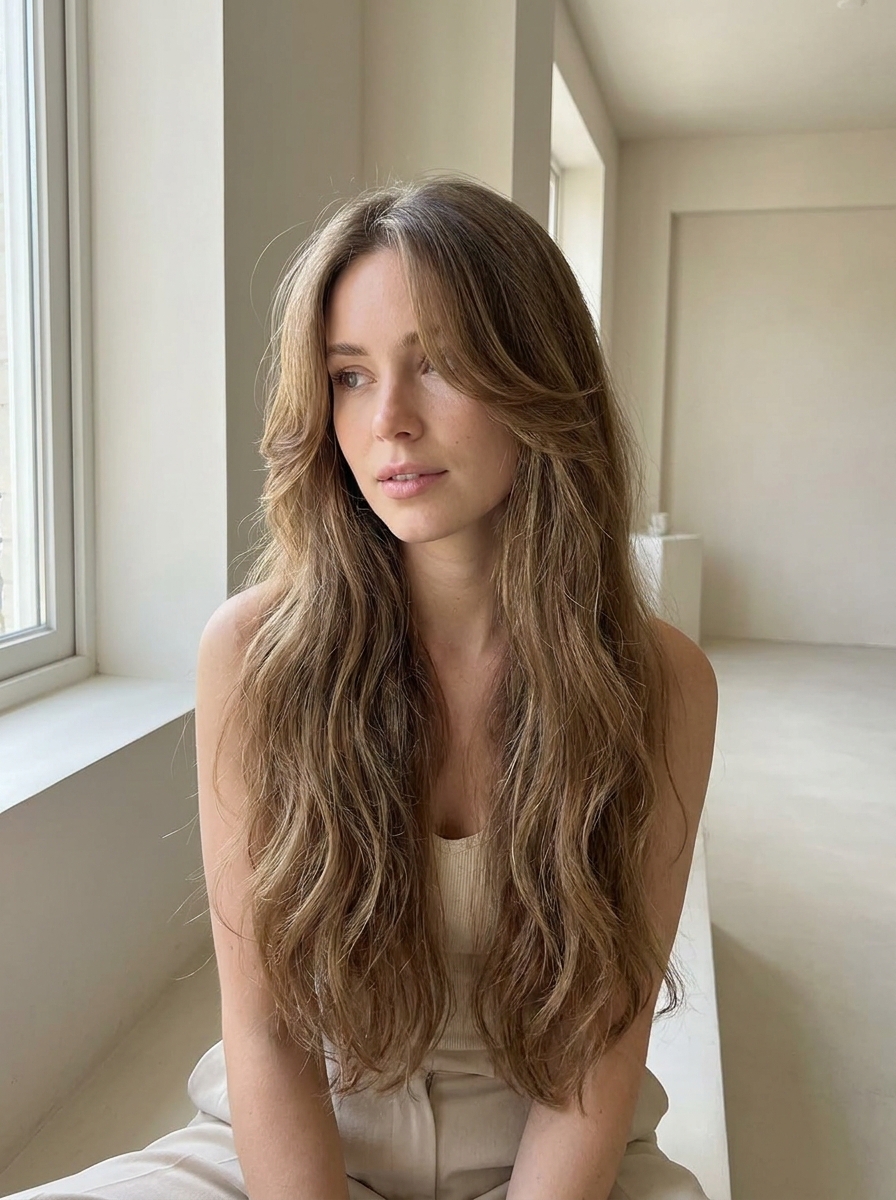 Long Layers mit langen Curtain Pieces als Long Layers Haircut Inspiration 2026